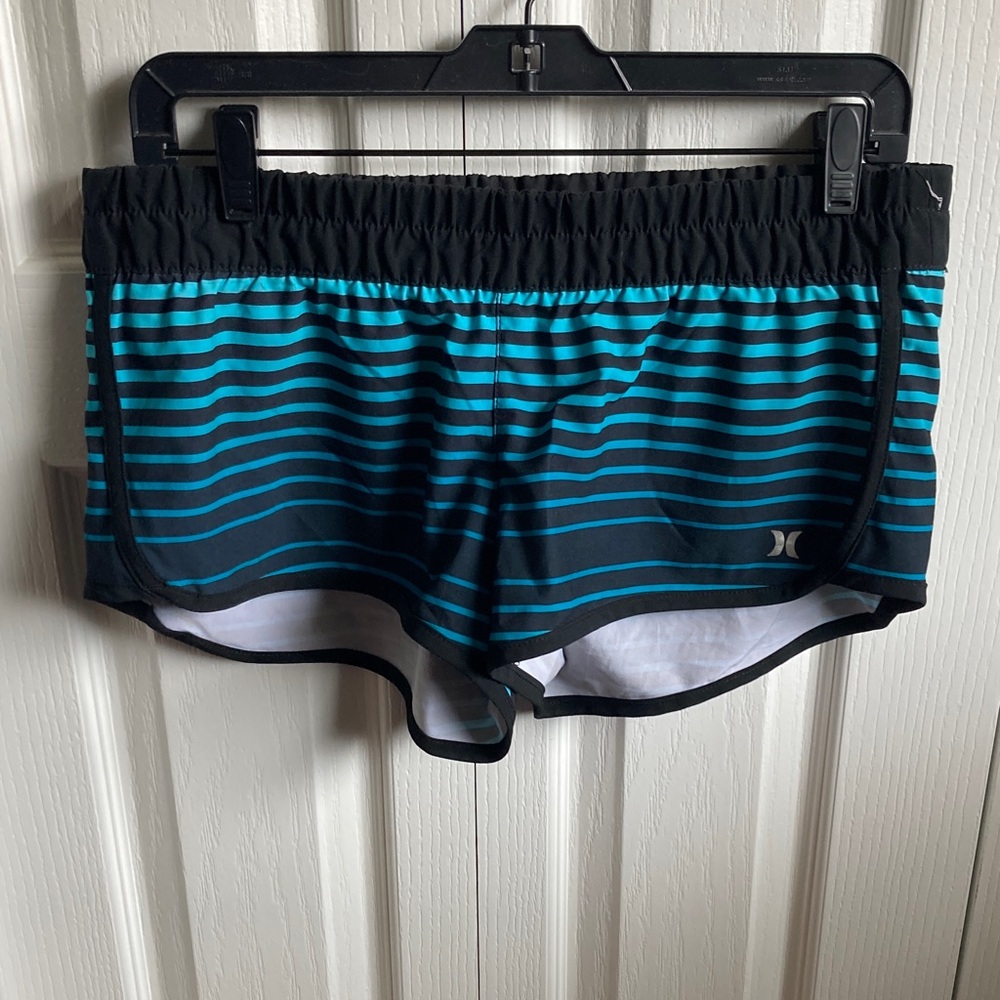 Hurley Black and Teal Striped Beach Shorts